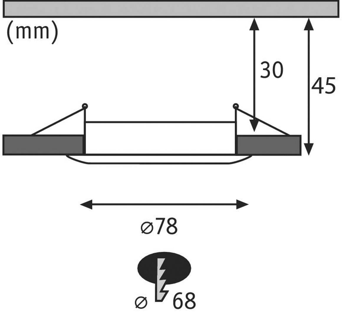 Vestavné svítidlo s rozměry: celková výška 45 mm, vestavná výška 30 mm, průměr 78 mm, průměr výřezu 68 mm.