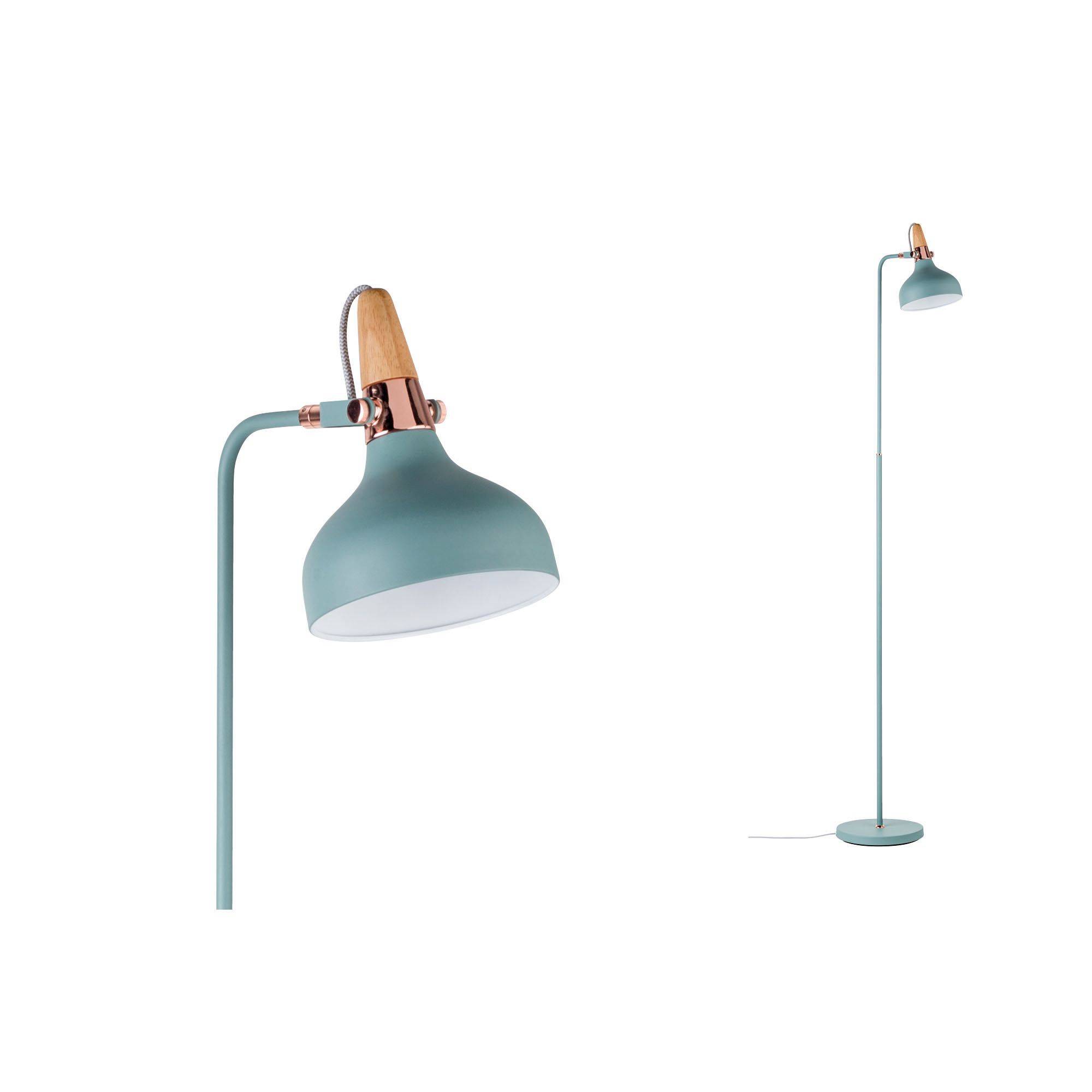 Stojací lampa v tyrkysové barvě s kulatým stínidlem. Stínidlo obsahuje dřevěné a kovové prvky. Elegantní design pro moderní prostory.