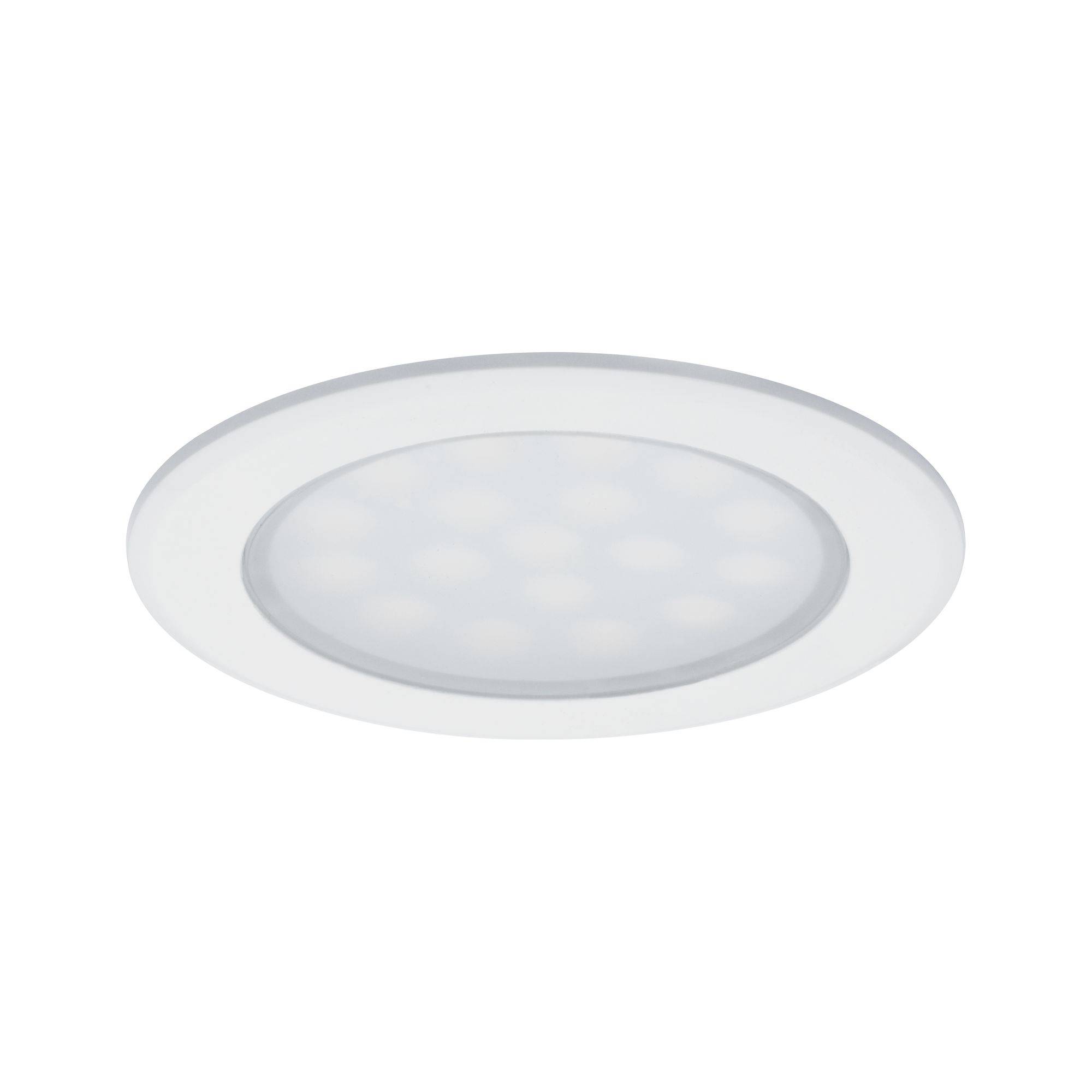 Kulatá plochá stropní LED svítidla s bílým rámečkem a matným difuzorem, vhodná pro rovnoměrné osvětlení místnosti.