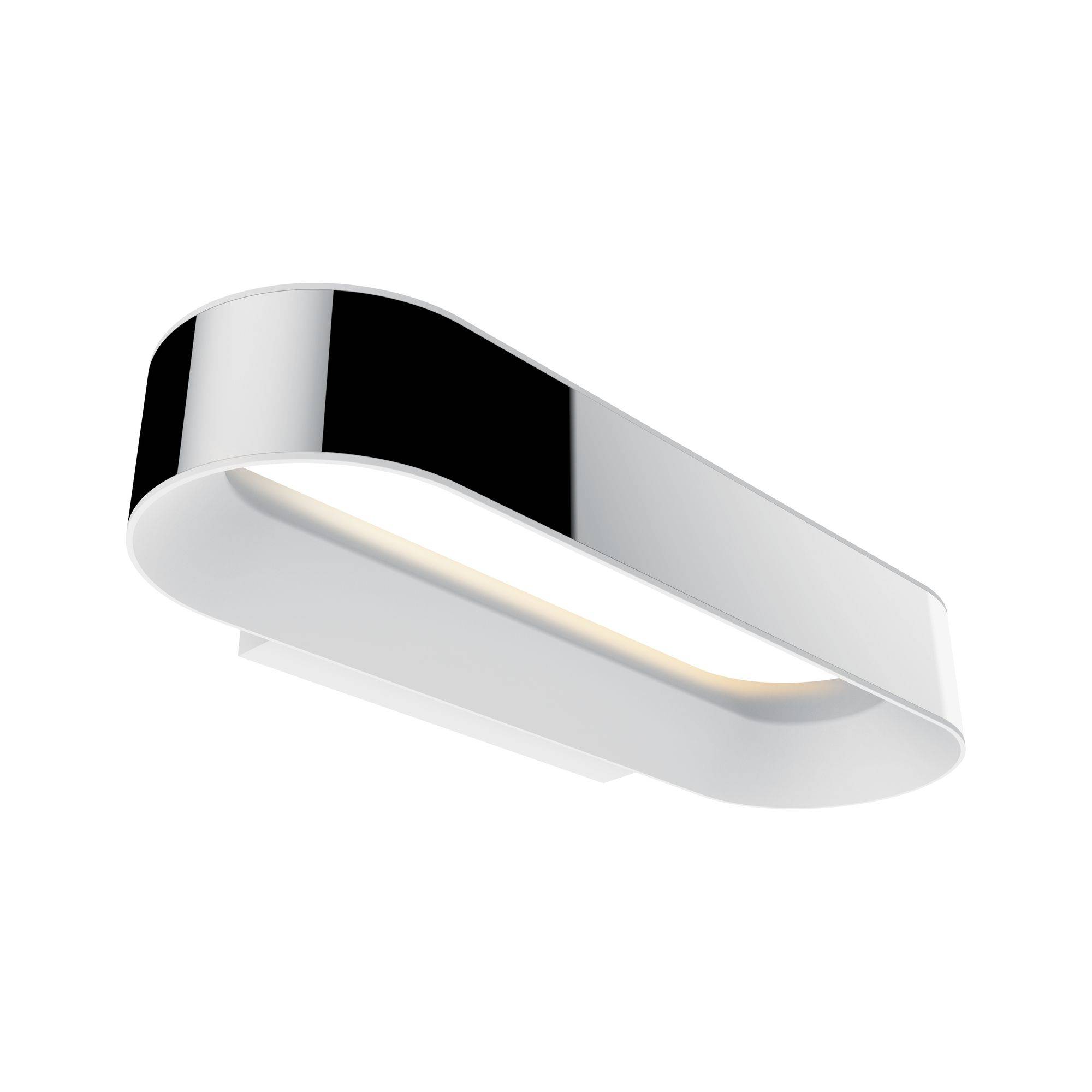 Stříbrná, moderní nástěnná lampa se zaoblenými rohy a integrovaným světelným pruhem; minimalisticky a elegantně navržená.