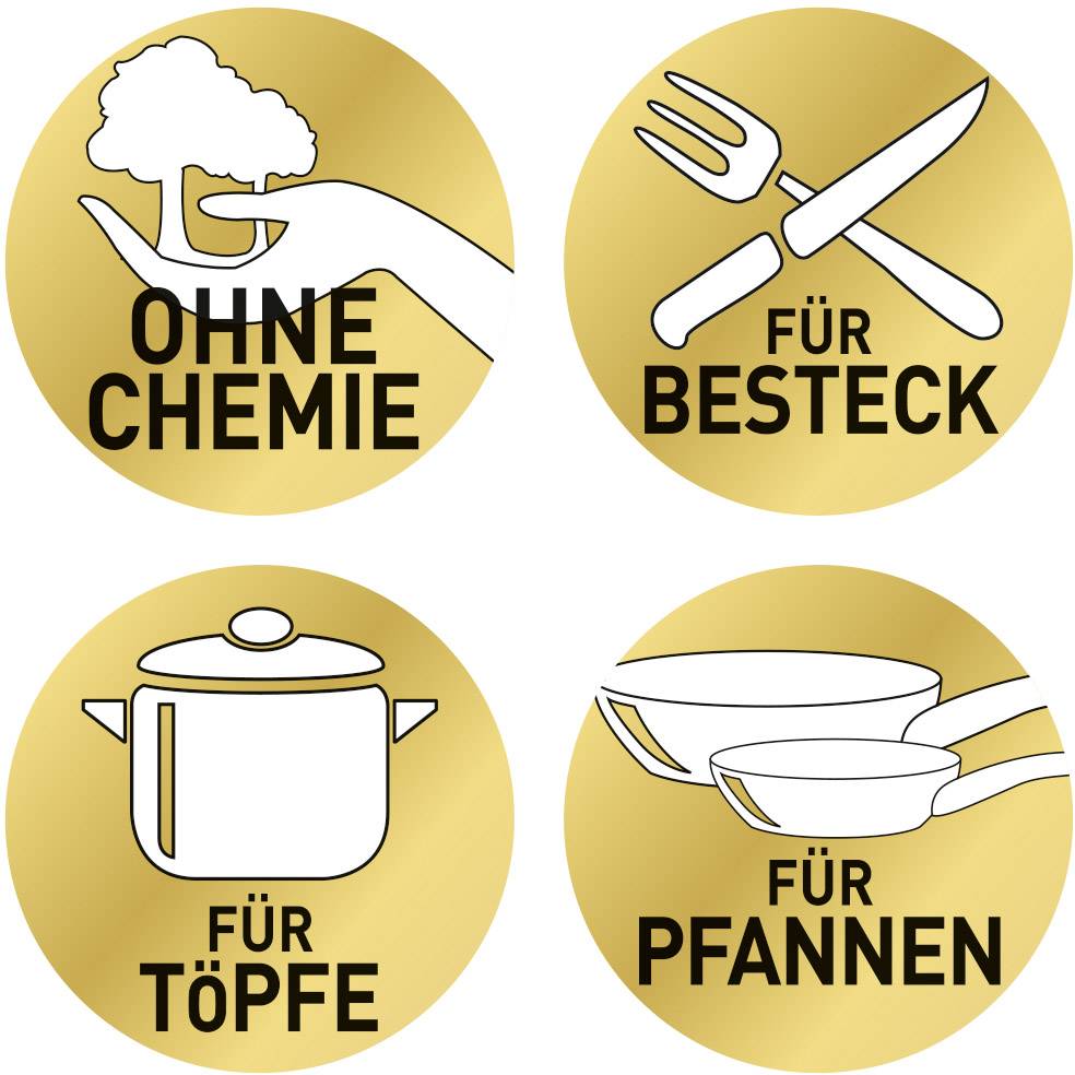 Čtyři zlaté symboly s popisky: 'Bez chemie', 'Na příbory', 'Na hrnce', 'Na pánve'.