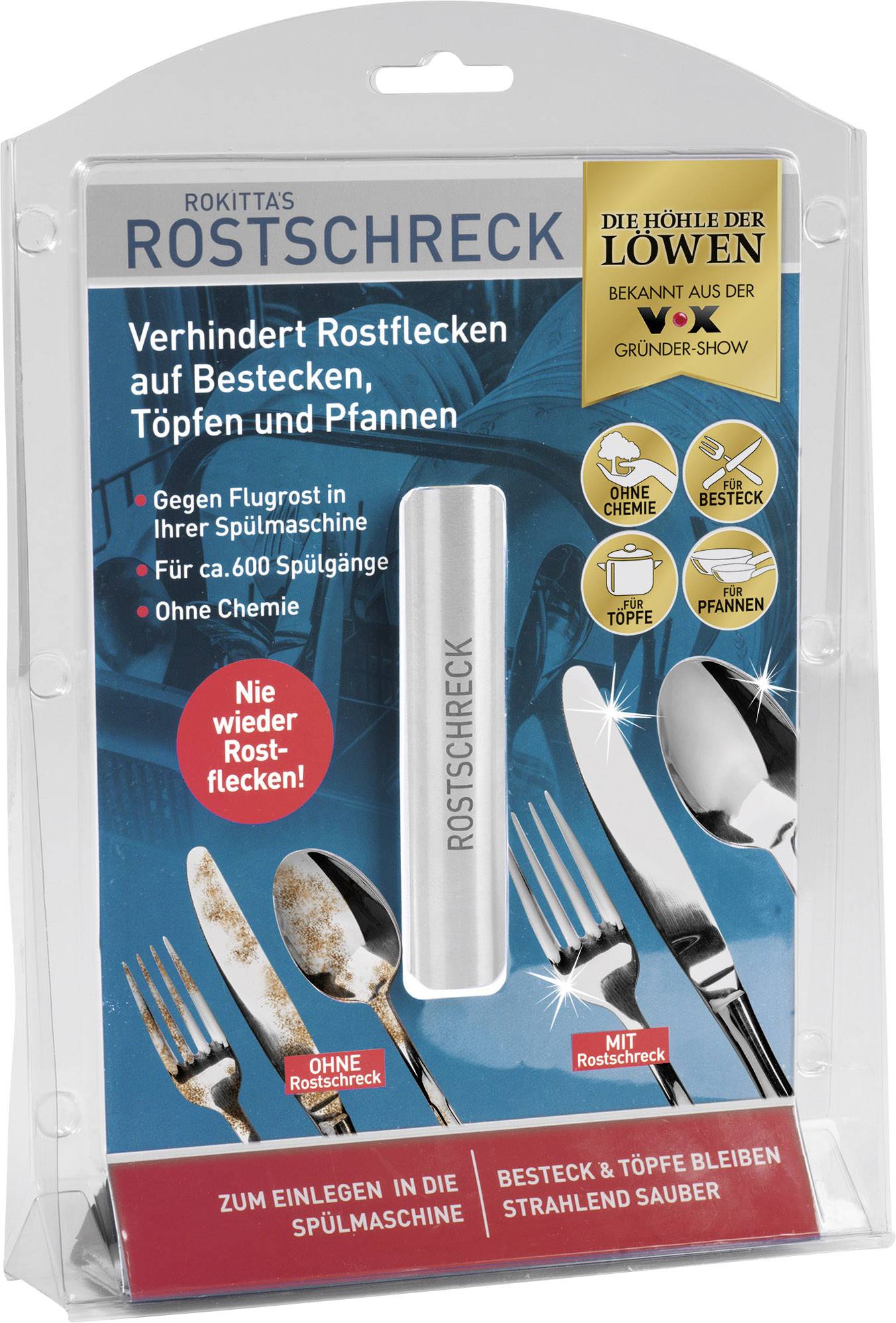 Balení produktu 'Rostschreck', který zabraňuje tvorbě korozních skvrn na příborech, hrncích a pánvích v myčce nádobí.