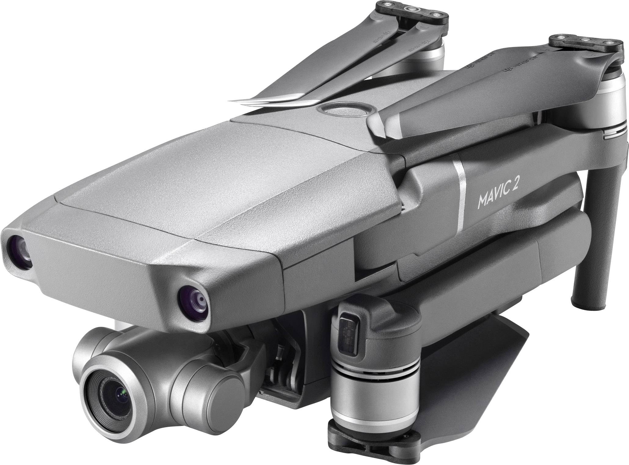 Šedý dron se složenými vrtulemi, vybavený kamerou na přídi.