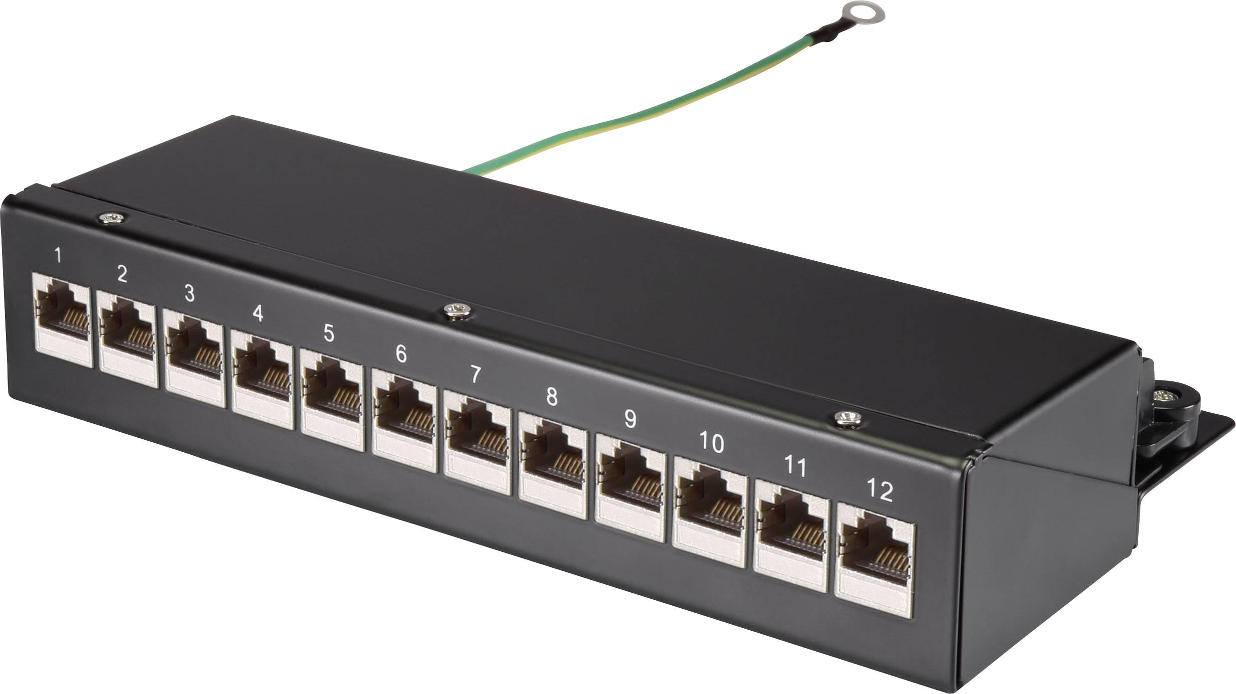 Patch panel se 12 ethernetovými porty, číslovanými od 1 do 12, s připojeným uzemňovacím kabelem, černý kryt. Pro síťové zapojení.