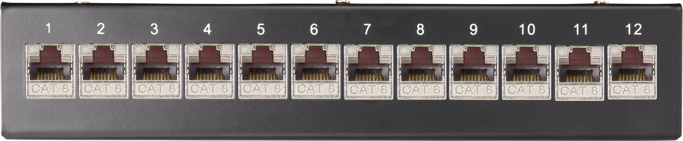 Patch panel se 12 číslovanými porty RJ45 pro kabely CAT-5, vhodný pro síťové instalace.