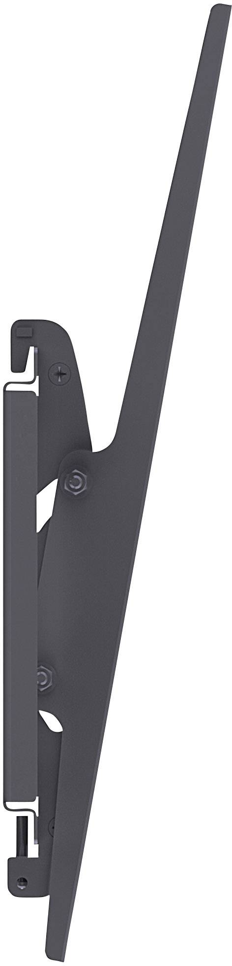 Černý, plochý nástěnný držák na televizi je zobrazen z bočního pohledu. Design je štíhlý a minimalistický.