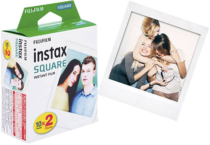 Instax instantní fotografický film a Polaroid fotografie tří smějících se osob.