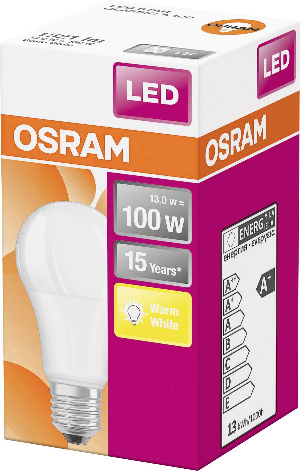 LED žárovka od Osramu, 13 wattů, ekvivalent 100 wattů, teplá bílá, energetická třída A+, životnost 15 let, 13 kWh/1000h.