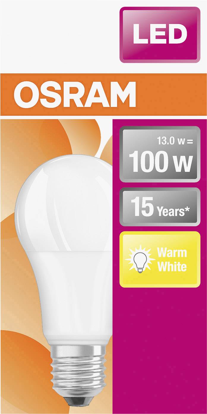 LED žárovka od Osramu o výkonu 13 wattů, ekvivalentní 100 wattům, s teplým bílým světlem, s životností 15 let. Oranžové pozadí.