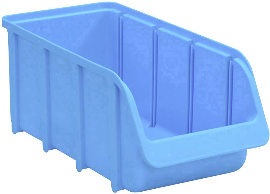 Modrý plastový úložný box s otevřeným předním dílem, který lze stohovat, vhodný pro ukládání drobných předmětů.