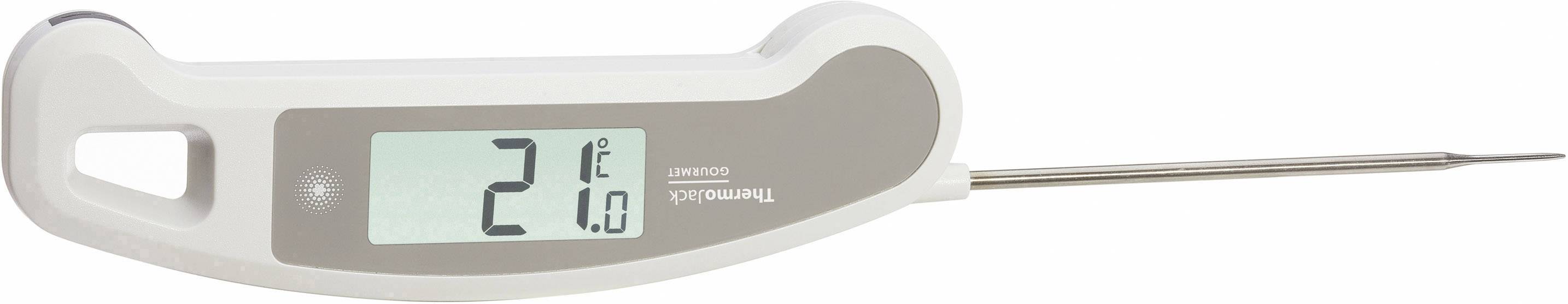 Digitální teploměr s dlouhou měřicí sondou ukazuje 21 stupňů Celsia. Ideální pro měření vnitřní teploty potravin.