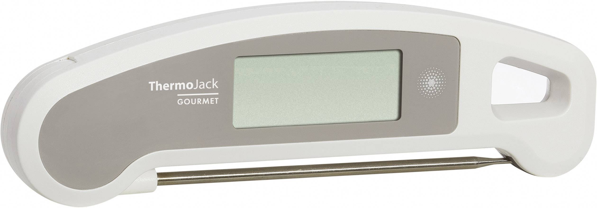 Digitální kuchyňský teploměr, model 'ThermoJack', s sklopným kovovým snímačem a LCD displejem, vhodný pro přesné měření teploty.