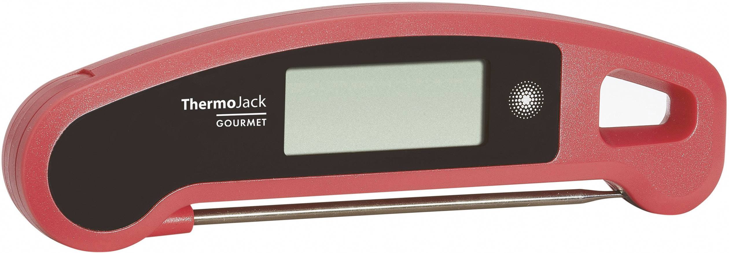 Červený digitální kuchyňský teploměr značky 'ThermoJack Gourmet' s černým displejem. Nezobrazuje žádnou teplotu.
