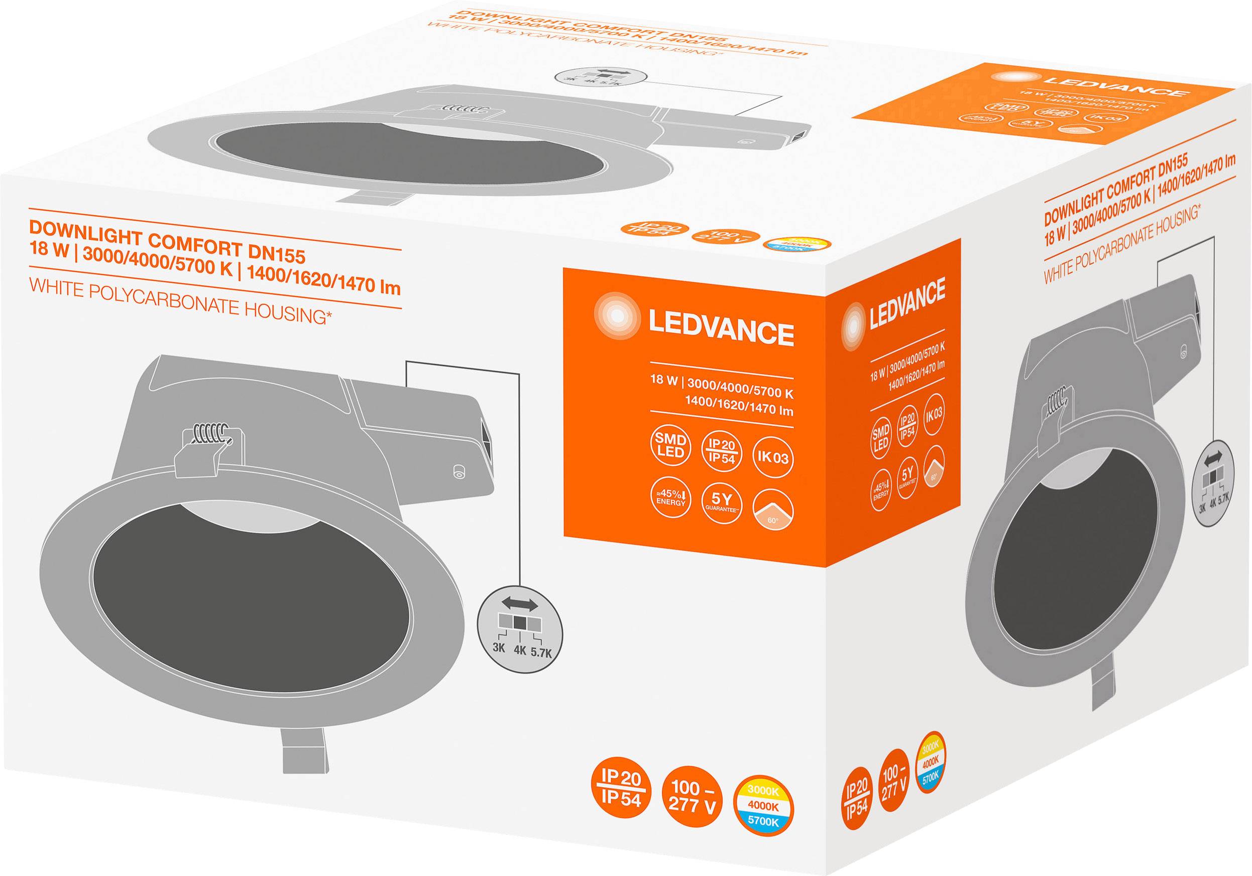 Obal 'LEDVANCE DOWNLIGHT COMFORT DN155'. Zobrazuje kulaté stropní svítidlo, 18W, teplota barev 3000/4000/5700K, 1600/1620/1470 lumenů.