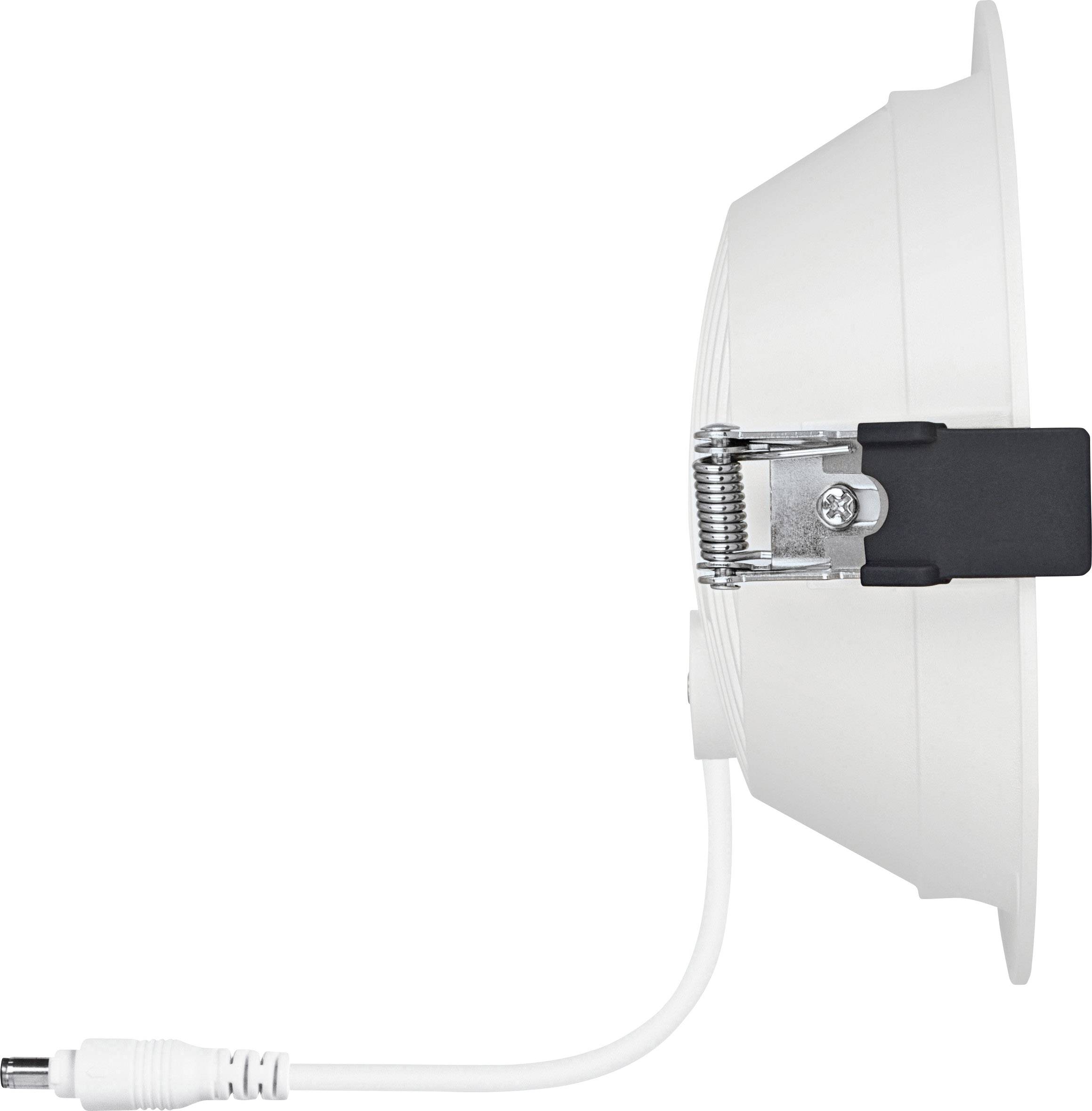 Bílé stropní LED svítidlo s kabelem vyvedeným po straně. Svítidlo je vybaveno pružinovou svorkou pro jednoduchou montáž.