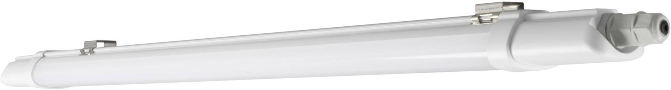 Bílá LED světelná lišta s upevňovacími sponkami, válcovitého tvaru. Ideální pro osvětlení v dílnách nebo garážích.
