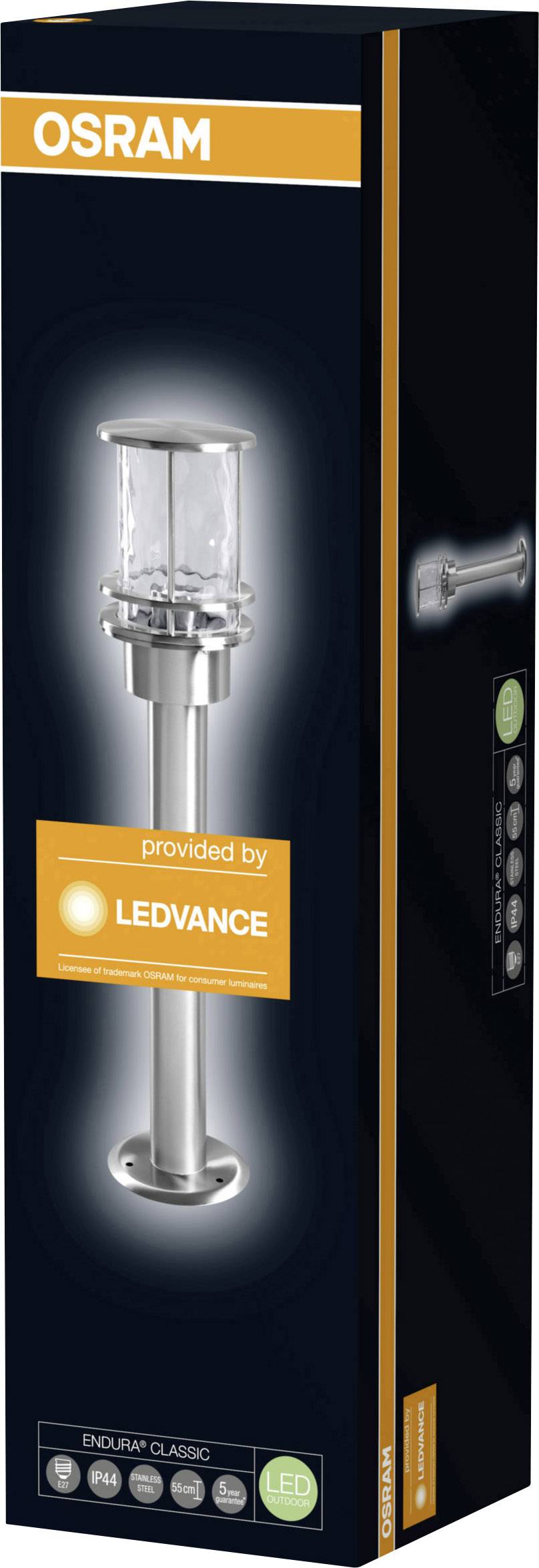 Obal venkovní lampy s nápisem 'OSRAM' a 'LEDVANCE'. Obrázek lampy zobrazuje čistý skleněný design vhodný pro LED světelné zdroje.