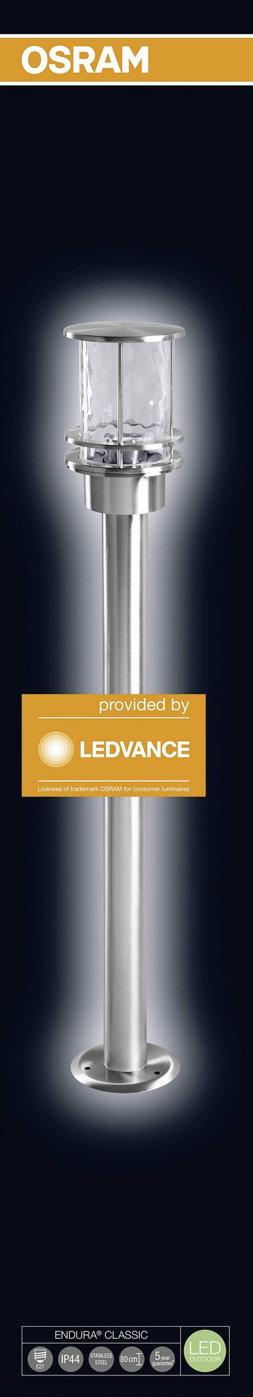 Stojací lampa s moderním designem, skleněné stínidlo nahoře, pod ním logo "Powered by Ledvance", nad ním logo Osram.