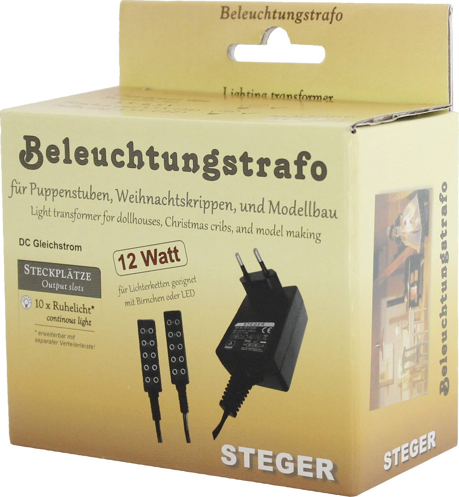 Balení 12-wattového osvětlovacího transformátoru pro domečky pro panenky, vánoční betlémy a modelářství se dvěma zásuvkami.