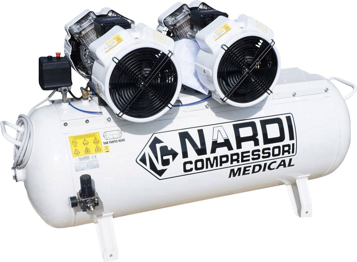 Bílý lékařský kompresor od Nardi se dvěma ventilátory.