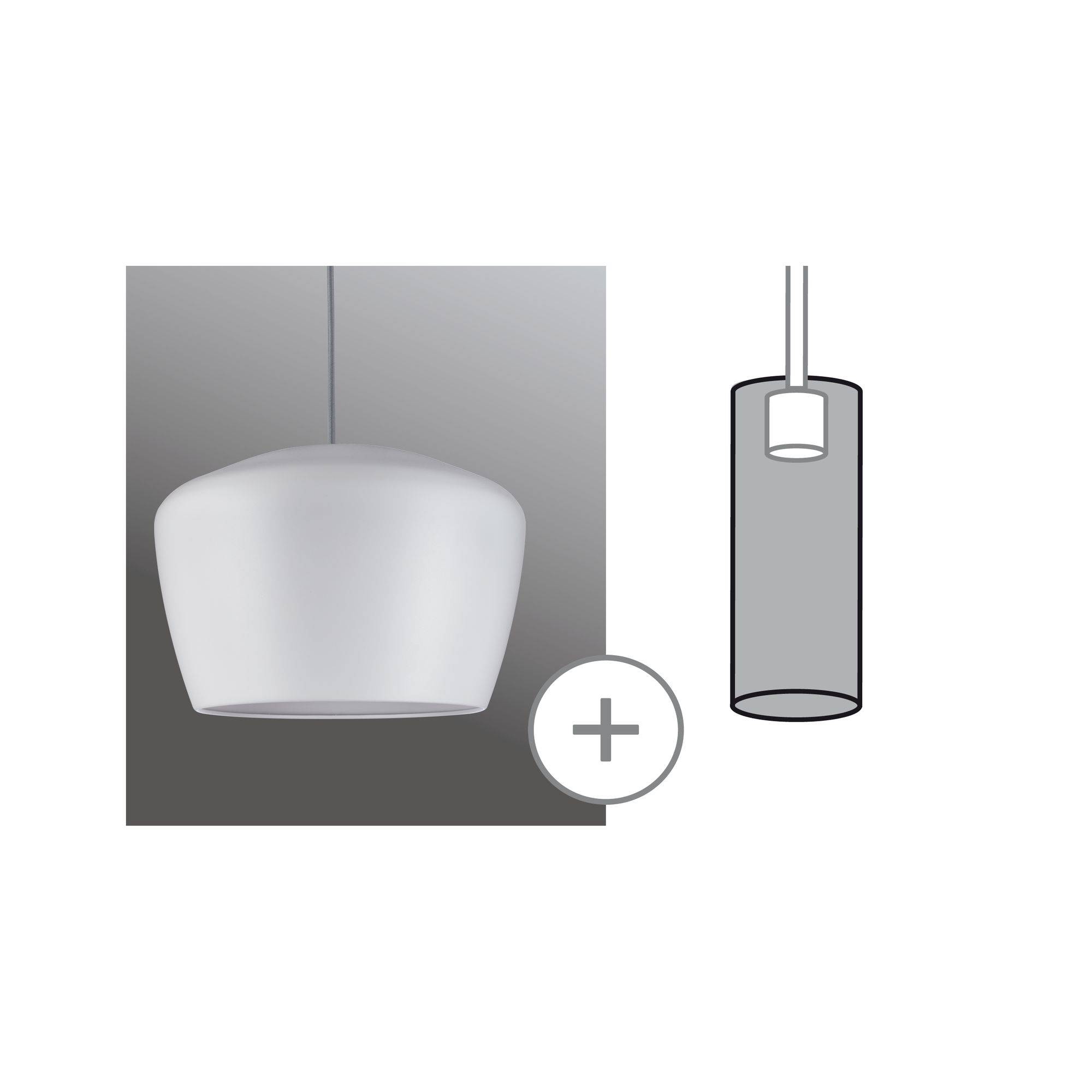 Závěsná lampa s kulatým bílým stínidlem vlevo a nakreslená válcovitá lampa vpravo.