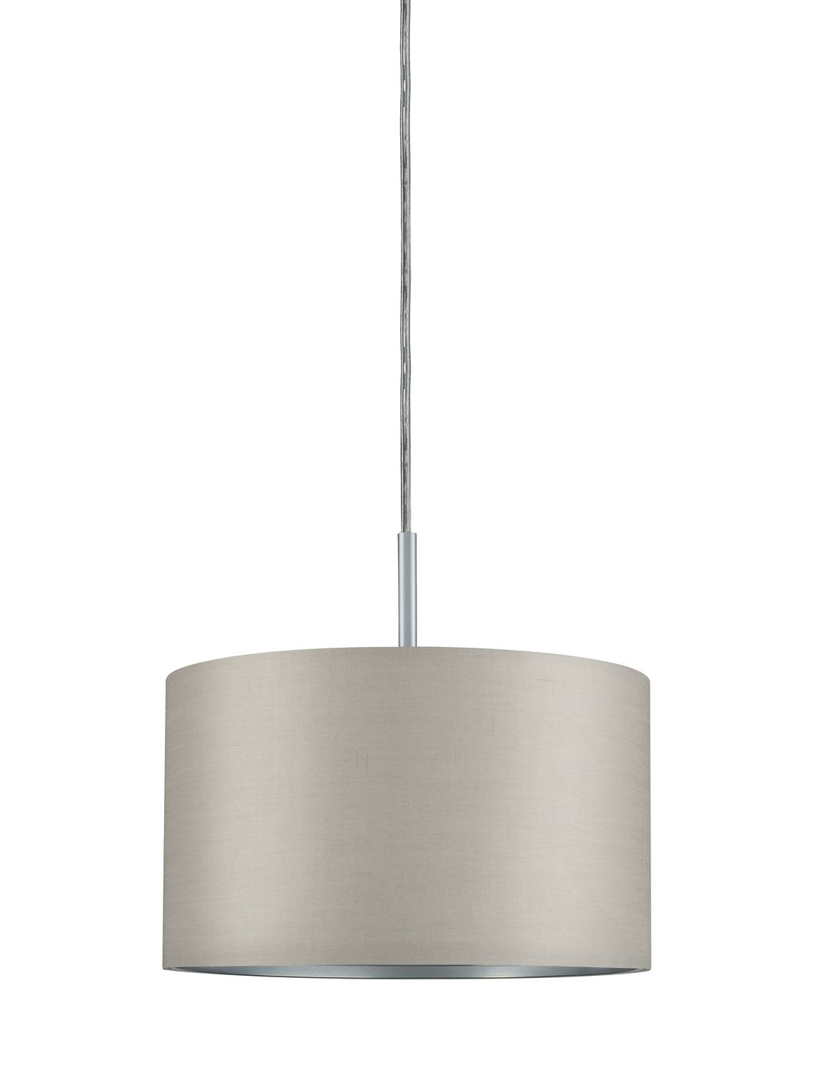 Moderní závěsná válcová lampa v béžové barvě s tenkým kabelem, vhodná do obývacího nebo jídelního prostoru, umístěná volně před bílým pozadím.