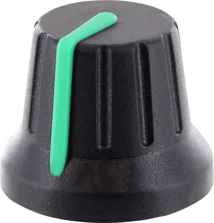 Černý otočný knoflík se zeleným značkovacím pruhem pro nastavení zařízení nebo přístrojů.