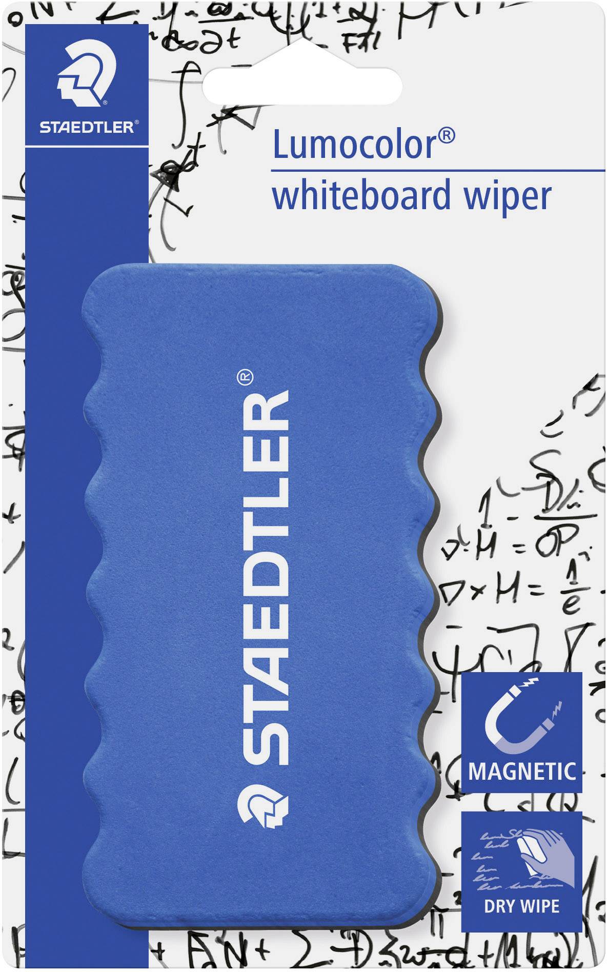 Modrý, vlnitý obal stírače na bílou tabuli od Staedtleru s nápisem 'Lumocolor whiteboard wiper', magnetický a umožňující suché setření.