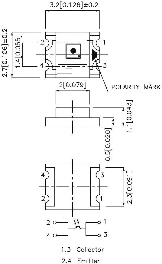 Diagram znázorňuje rozměry pouzdra a připojovací body elektronické součástky. Jsou zde vyznačeny značky polarity a rozměry v milimetrech.