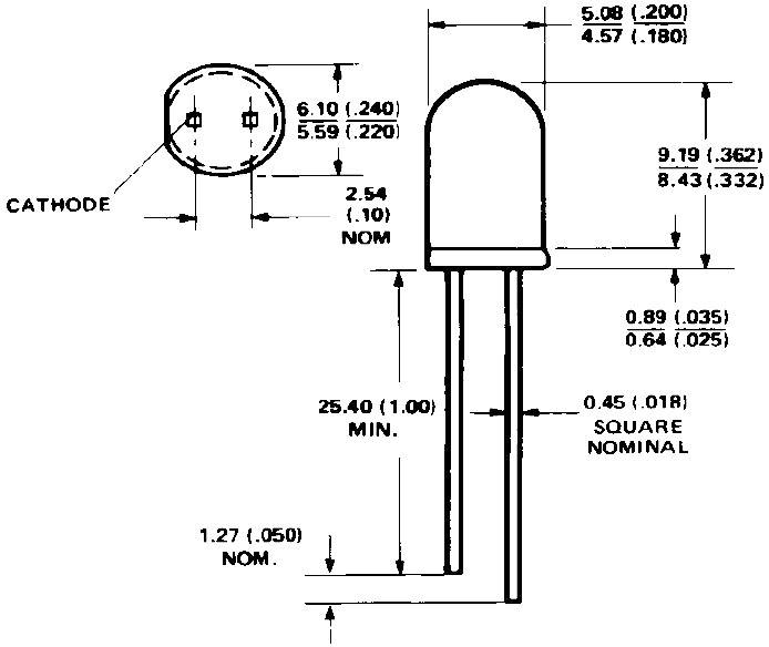 Technický výkres LED s rozměry: celková délka 25,40 mm, průměr 5,59 mm. Detaily k anodě, katodě a roztečí pinů.
