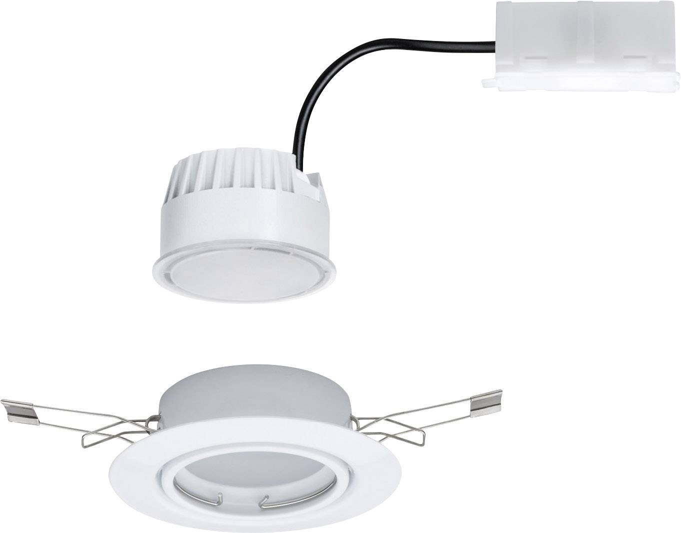 Vestavné LED svítidlo s kulatým bílým krytem a odděleným napájecím zdrojem, propojené černým kabelem.