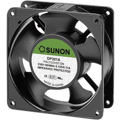 Černý čtvercový ventilátor se zeleným uzávěrem, označený štítkem 'SUNON DP201A', s údaji o energetické náročnosti a zemí původu Čína.