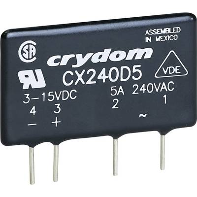 Elektronická součástka 'crydom CX240D5', zobrazuje specifikace: 3-15 VDC vstup, 5A 240VAC výstup. Certifikační značka VDE viditelná.