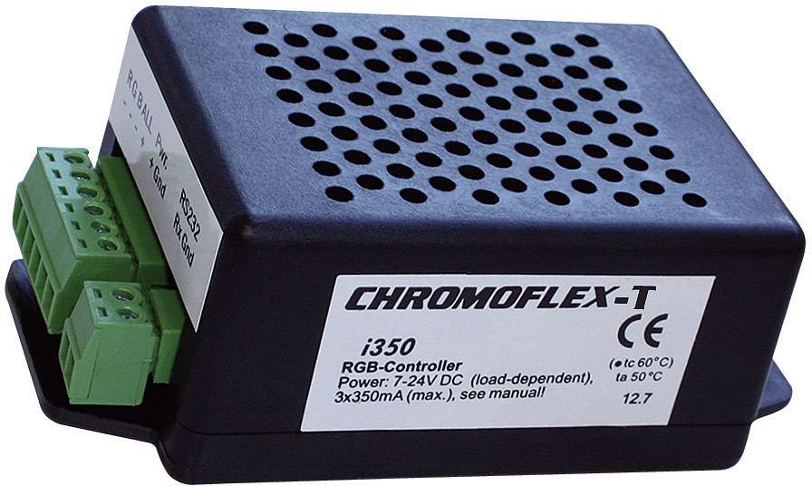 Černý RGB kontrolér s větracími otvory a zelenými připojovacími svorkami. Označení: 'CHROMOFLEX-T i350'.