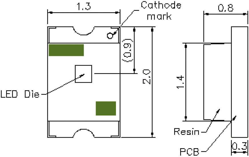 Diagram LED komponenty s rozměry. Jsou vyznačeny mínus pól, LED čip, vrstva pryskyřice a deska plošných spojů.