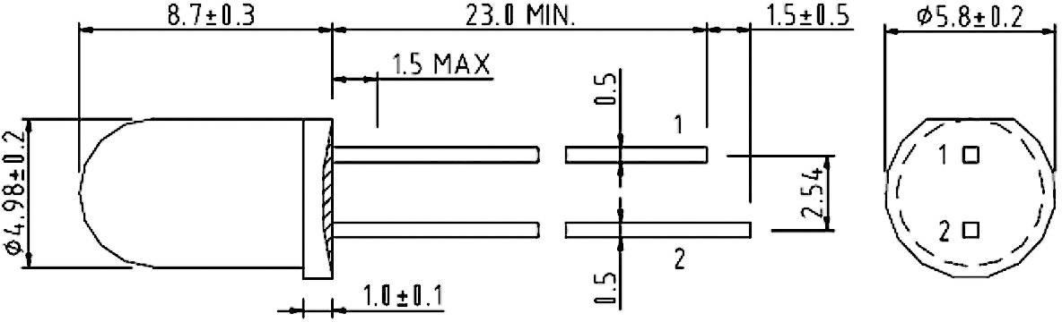 Technický výkres LED s rozměry: délka 23 mm, průměr 4,98 mm. Zobrazuje boční pohled a pohled shora s kótami.