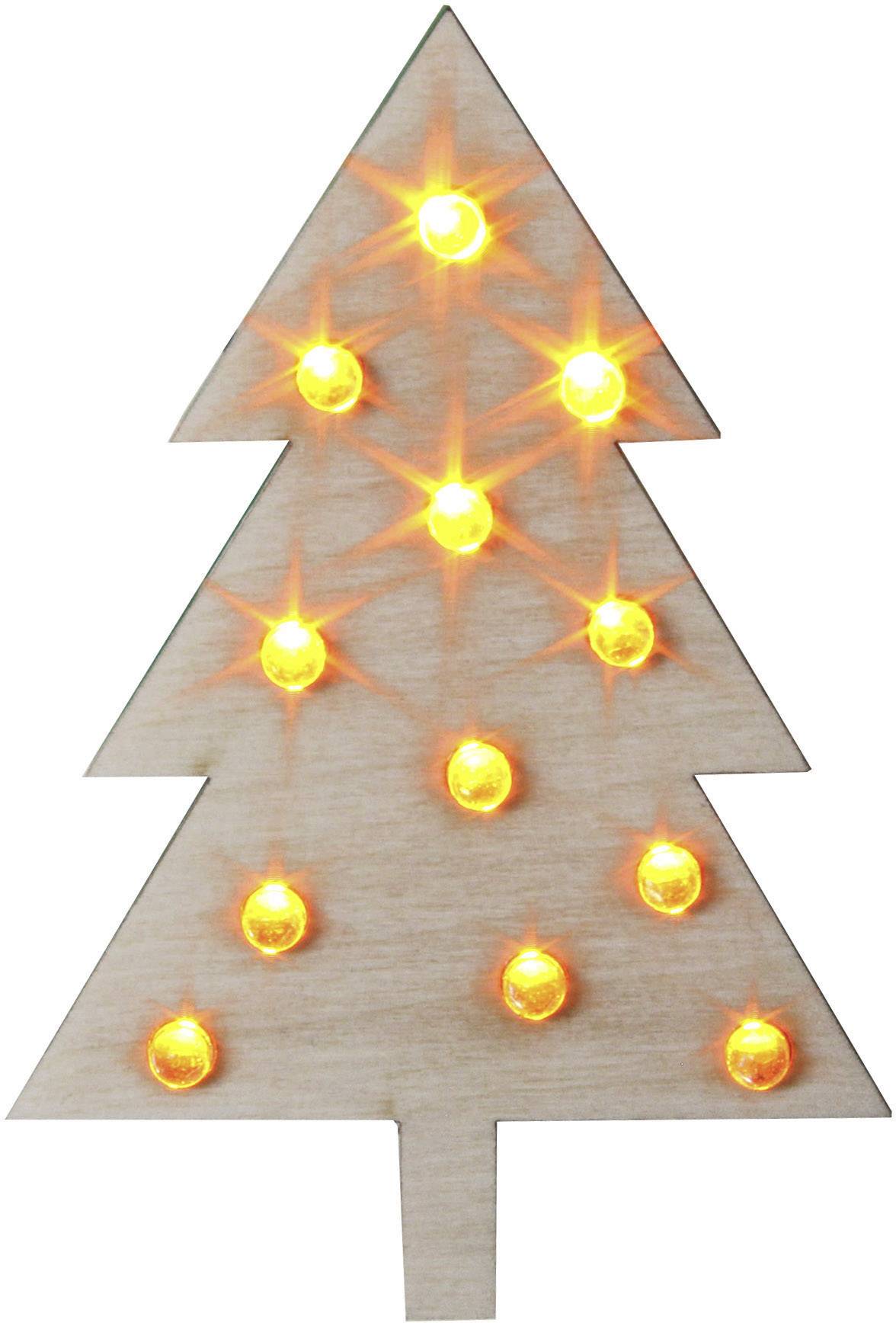 Stylizovaný vánoční stromek ze dřeva s dvanácti zářícími žlutými a oranžovými světly na každé větvi.