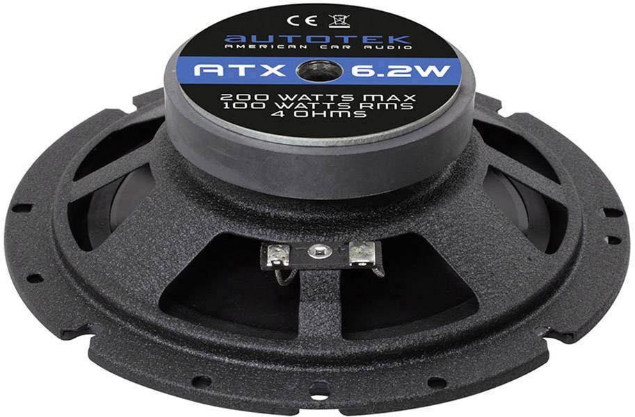 Reproduktor s nápisem 'AUTOTEK', 'ATX 6.2W', '200 Wattů Max', '100 Wattů RMS', '4 Ohmy' na zadní straně.