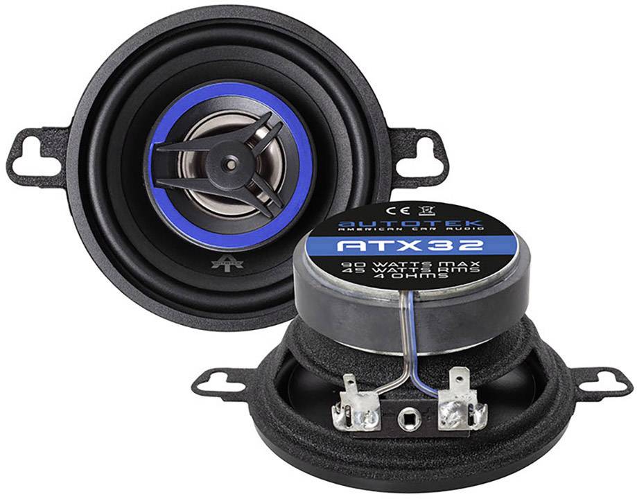 Dva reproduktory značky Autotek s modrými detaily, model ATX32, maximální výkon 90 wattů, impedance 4 ohmy.