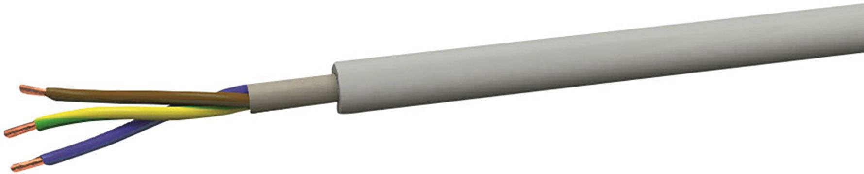 Třívodičový elektrický kabel: hnědý, modrý a zeleno-žlutý izolované vodiče vystupují z šedého kabelového pláště.