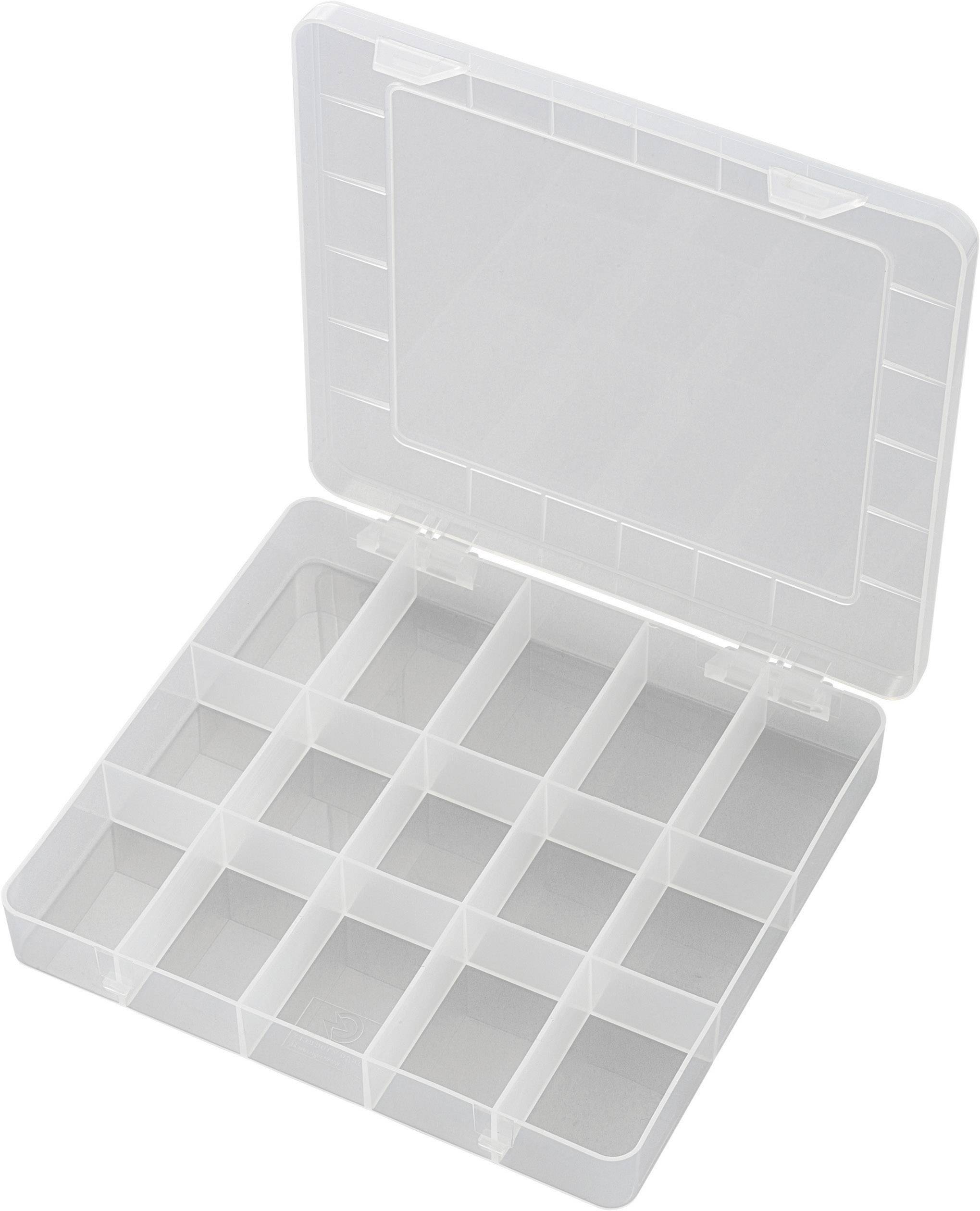 Průhledný plastový úložný box s 15 přihrádkami, ideální pro organizaci malých předmětů.