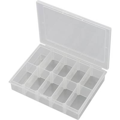 Plastový box s otevřeným víkem, obsahuje 12 stejně velkých přihrádek pro organizované ukládání drobných předmětů.