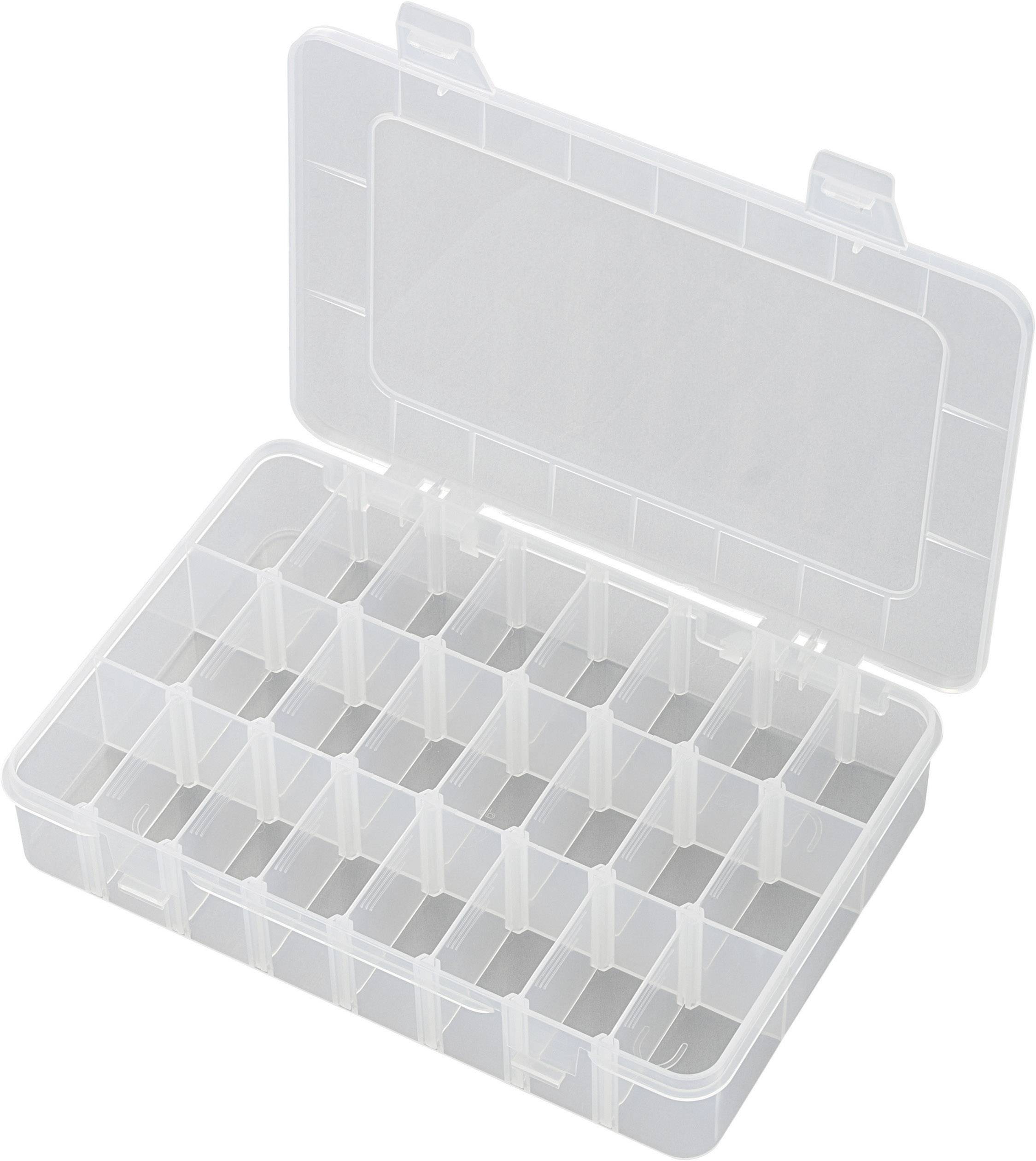 Prázdný plastový úložný box s mnoha malými přihrádkami, otevřený a bez obsahu.