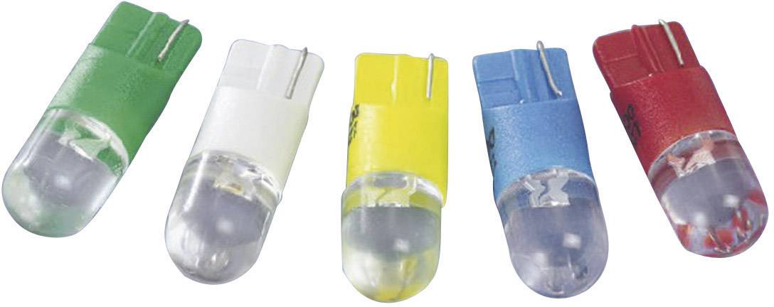 Pět různobarevných LED lamp v zelené, bílé, žluté, modré a červené, seřazených v pravidelných rozestupech na bílém pozadí.