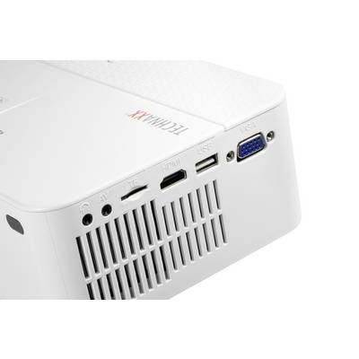 Detailní záběr projektoru s přípojkami: AV, TF, HDMI, USB a VGA. Název značky viditelný na těle přístroje.