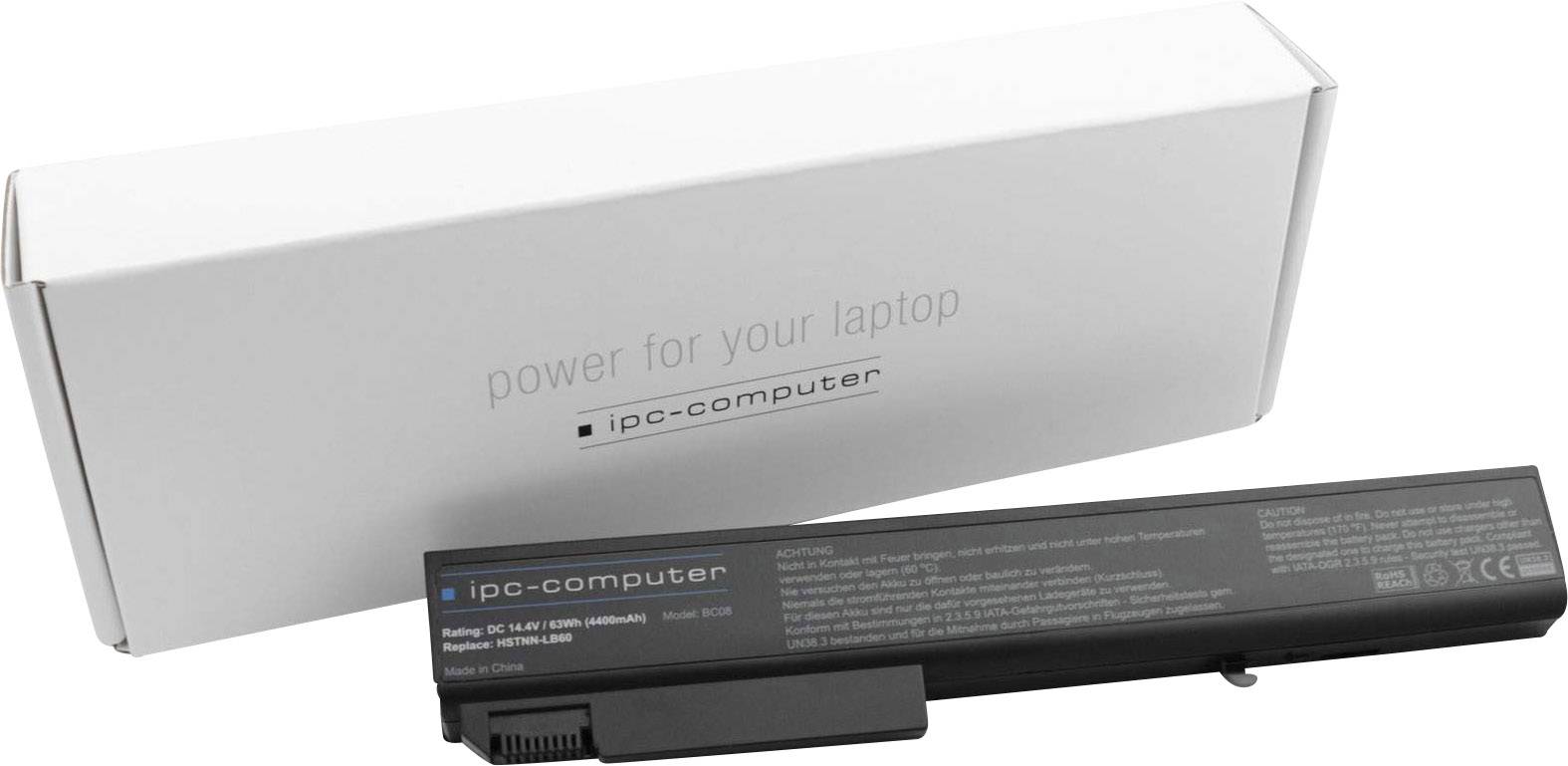 Akumulátor notebooku od ipc-computer, modelové číslo 15-GAF1, před bílým obalem s nápisem „energie pro váš notebook".
