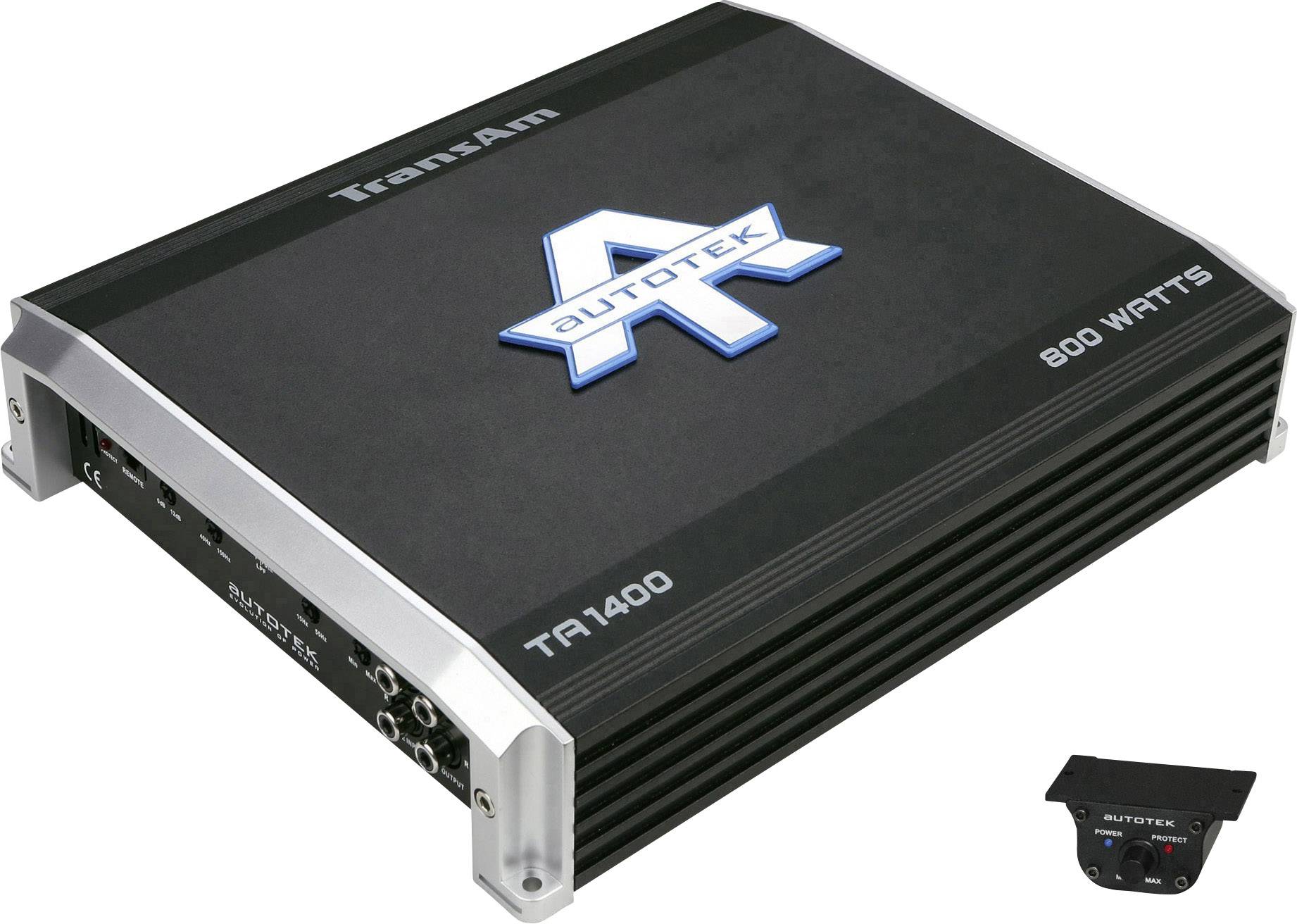 Zesilovač Autotek TR1400 s výkonem 800 wattů, černý kryt se stříbrnými akcenty, včetně dálkového ovládání.