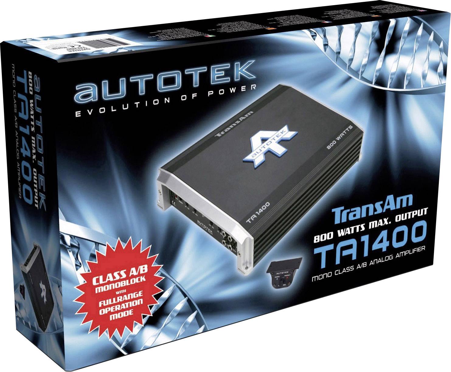 'Autotek TransAm TA1400 zesilovač, 800 W max., monoblock třídy A/B, provoz v plném rozsahu, analogový monofonní zesilovač třídy A/B.'