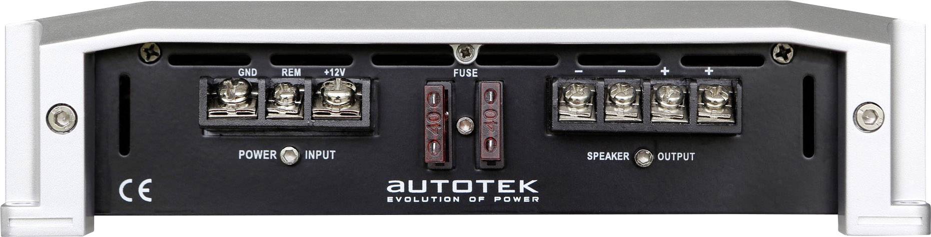 Zadní strana zesilovače do auta ukazuje přípojky: 'GND', 'REM', 'BATT', 'FUSE', 'SPEAKER'. Značka 'Autotek'.
