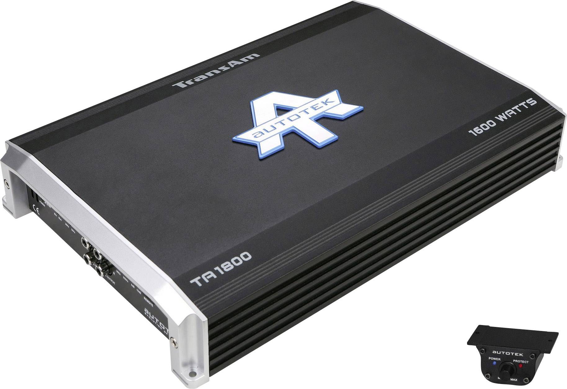 Černý autozesilovač s nápisem "Autotek" uprostřed. Vpravo dole je napsáno "1600 Watts". Vedle je část dálkového ovládání.